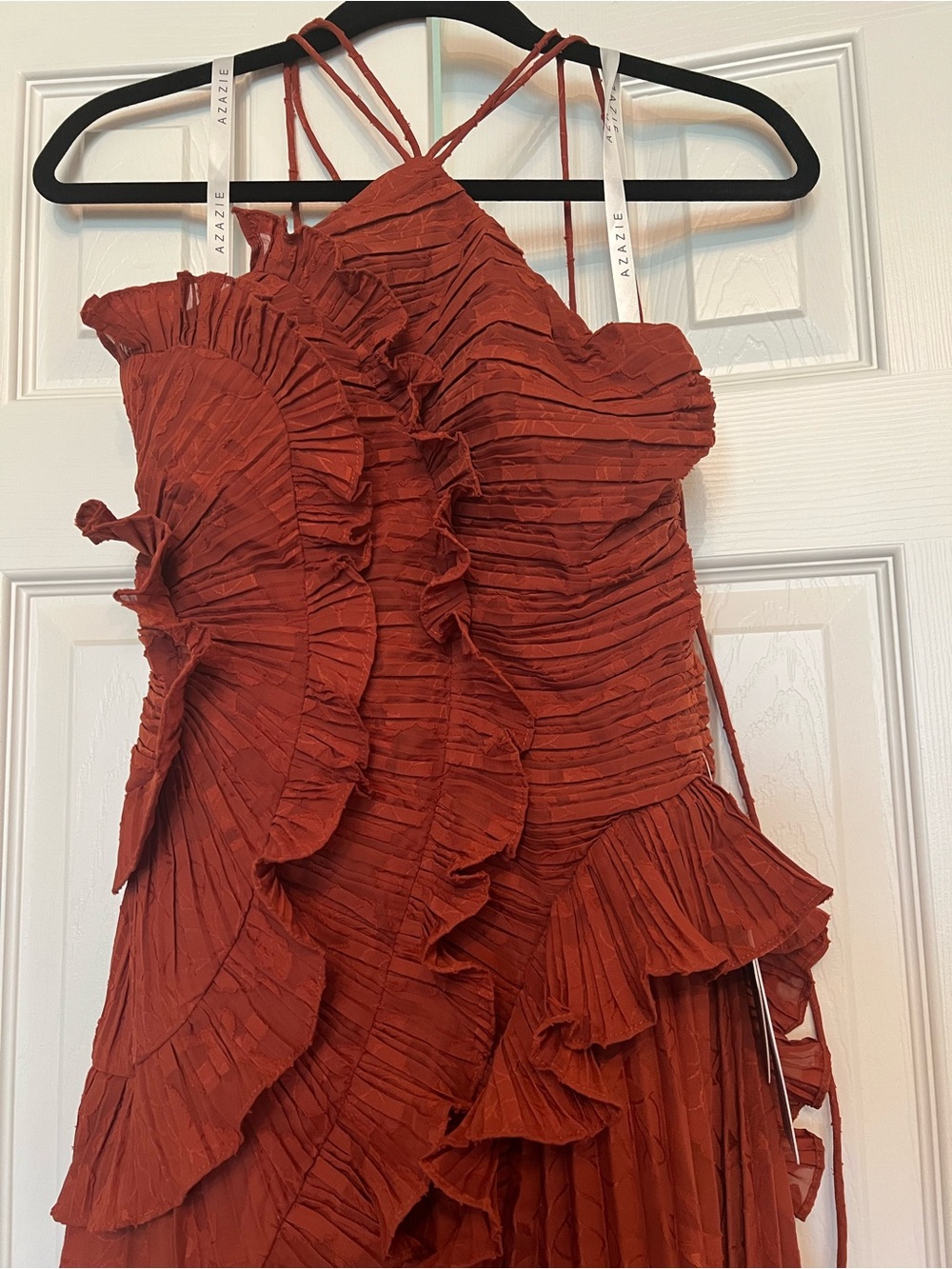 Azazie Rust Halter High-Low Ruffle Maxi Dress - Picture 9 of 10